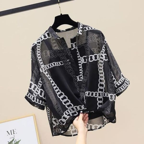 

women's t-shirt summer women chiffon and sling bottom vest two piece set slim print v-neck korean t shirt fashion plus size clothes 230, White