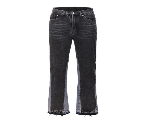 

dark icon unlock hemline patchwork jeans men high street flare pants denim trousers7228762, Blue