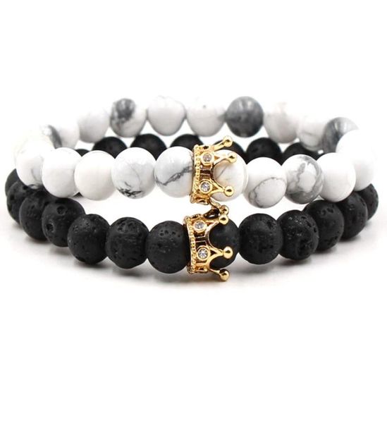 

new black white stone beads with gold silver color crown charm bracelet for women men bangles jewelry pulsera drop1007869, Golden;silver
