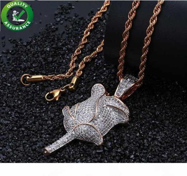 

iced out chains hip hop bling rose flower pendant mens necklace luxury designer jewelry women necklaces diamond designer style cha7055551, Silver