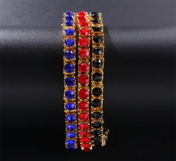 

men iced out 1 row rhinestones tennis bracelet hip hop full colored clear red blue black rhinestone bangles 1152 b36202622, Golden;silver