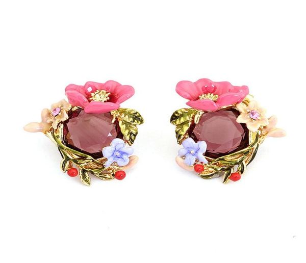 

stud winter garden series pink enamel peony flower crystal winding branches 925 silver needle earrings niche design5376462, Golden;silver