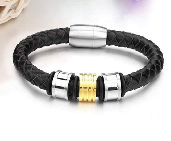 

fashion jewelry black leather stainless steel men039s charm bracelet bangle gold silver for husband4403899