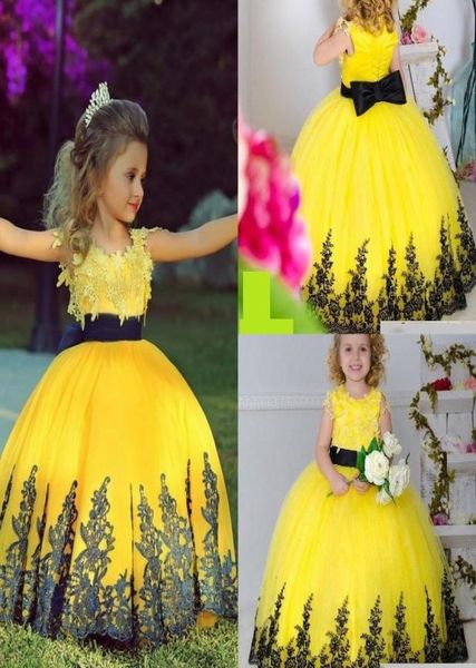 

2019 new pageant dresses for girls black appliques tulle floor length yellow ball gown flower girls dresses for wedding kids2974479, White;red