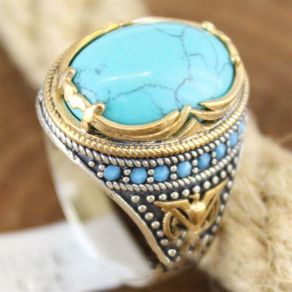 

bohemian large oval natural stone rings for women men vintage dual color blue beads turquoises finger rings party jewellery259r, Golden;silver