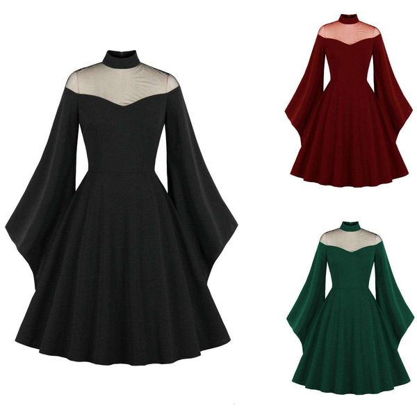 

halloween black queen mesh flared sleeves patchwork retro dress, Black;gray