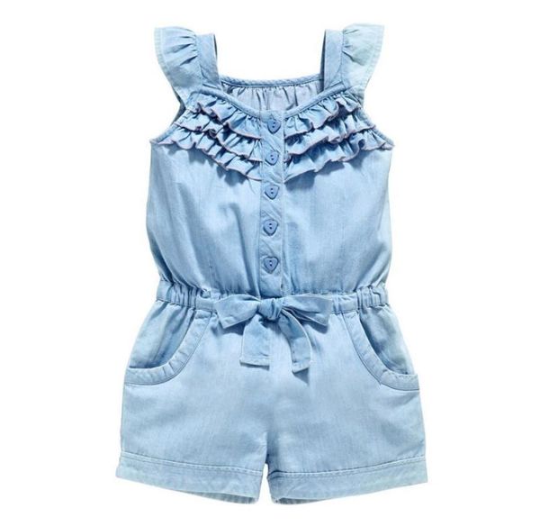 

kids girls clothing rompers denim blue cotton washed jeans sleeveless bow jumpsuit 05year6017226, White