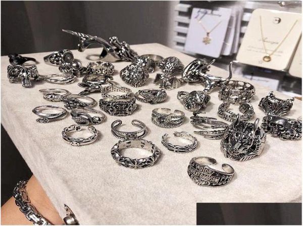 

band rings 20pcs/lot vintage punk antique sier color metal band skl rings for men women mix style party gifts adjustable openi dhbq17773035, Silver
