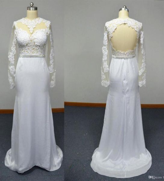 

sheath wedding dresses sheer long sleeves guipure lace satin faced chiffon floor length real images bridal gowns6423871, White