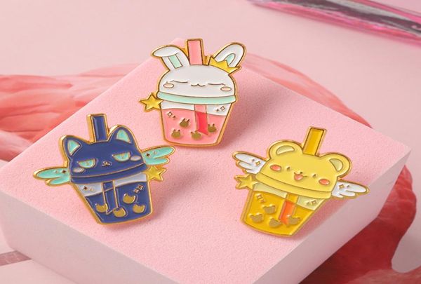 

cartoon cute animals bunny cats puppies cups enamel brooches straws milk tea stars wings cute alloy pins badges jewelry gifts6341780, Blue