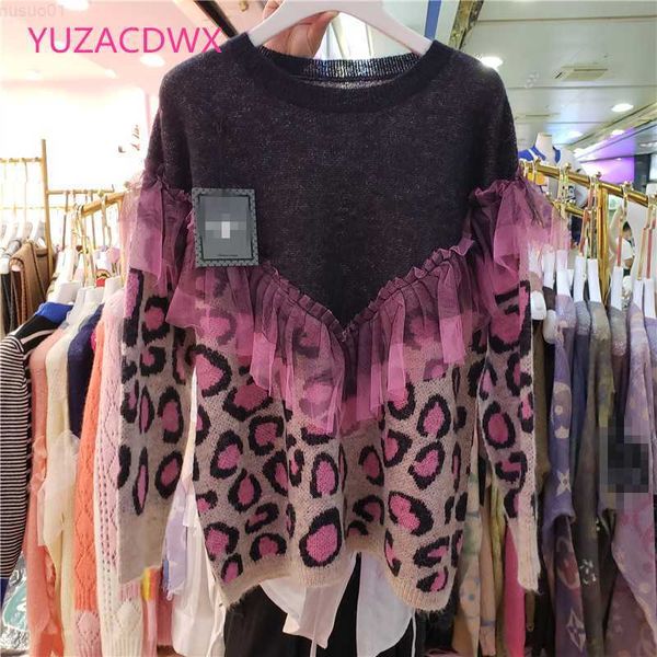 

women's sweaters stylish leopard print pullover knit women contrast color mesh ruffled patchwork sweaters autumn loose mujer jumpers l, White;black