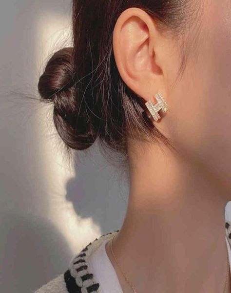 

girl s925 silver needle zircon diamond earring letter h stud earrings44940164038008, Golden;silver