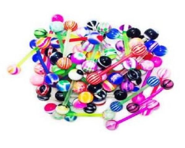 

tongue rings duotone acrylic uv tongue ring barbells with stripe balls 6mm bioflex piercing whole 100pcslot1850635, Silver