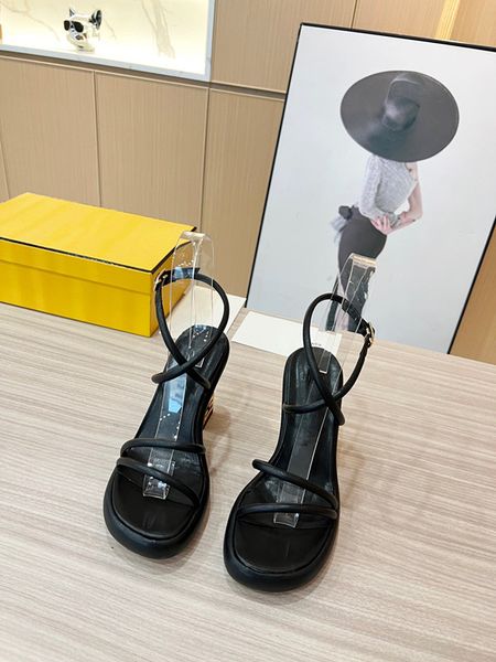 

women's sandals new thick heels everything match one word buckle women's shoes open 0709, Black