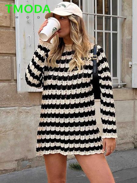 

women's sweaters t moda 2022 summer autumn women loose black striped beige hollow sweater female chic round neck knitted outwear sweate, White;black