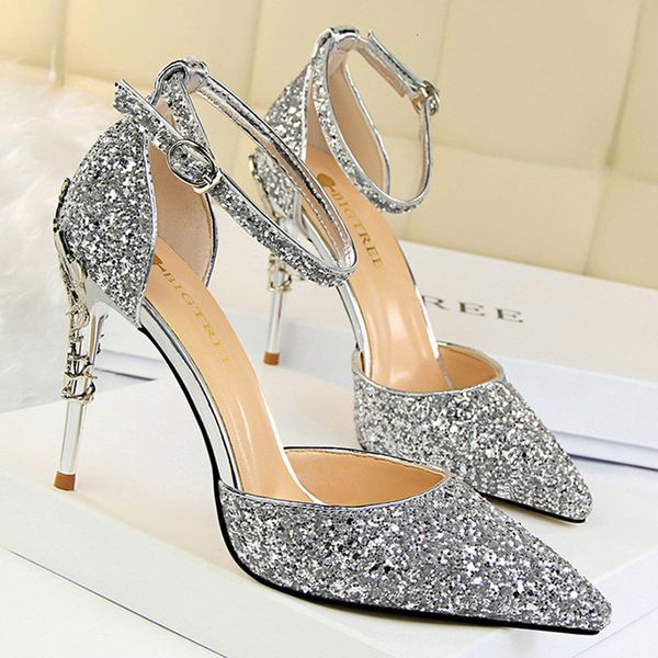 

dress shoes bigtree shoes heels woman pumps sequins high heels women shoes fashion ladies shoes gold sliver stiletto heels sandals 230717, Black