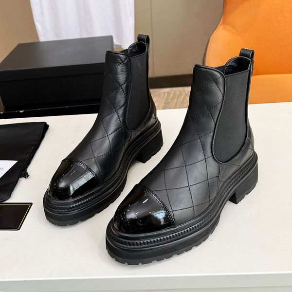 

plaid leather ankle boots chelsea boots platform slip on round flat platform half boots luxury designer high women's chunky heel rider, Black