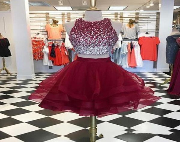 

short burgundy prom dress 2021 two pieces jewel neck bling beaded bodice ruffles skirts organza homecoming party dresses gow8981581, Black