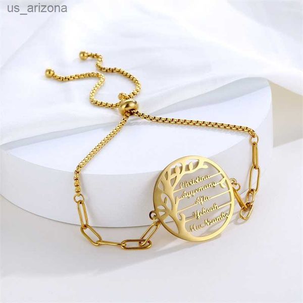 

stainless steel custom tree of life name bracelets for women adjustable knot square pearl paper clip chain bracelet jewelry l230620, Golden;silver