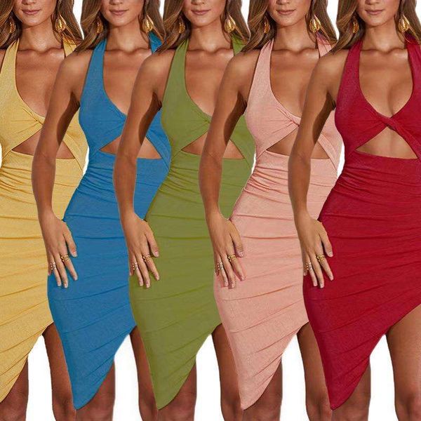 

fashion womens wear summer v neck halter hollow out ruffle hip dress, Black;gray