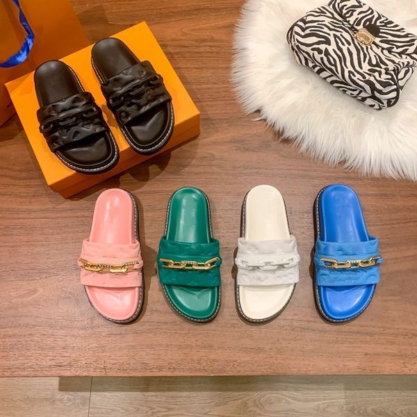 

summer women slippers scuffs non slip thick soled embossed letter slippers luxury brand female metal chain sandals casual slippers outside h, Black