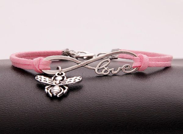 

new fashion wrap couples infinity love bee bracelet for women men single layers pink leather suede bangles simple statement jewelr7836206, Golden;silver
