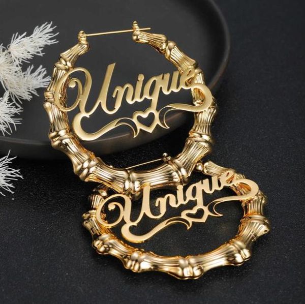 

customize name earrings stainless steel bamboo hoop earrings stainless steel hoop women earring with personalized jewelry gift 2103802783, Golden;silver