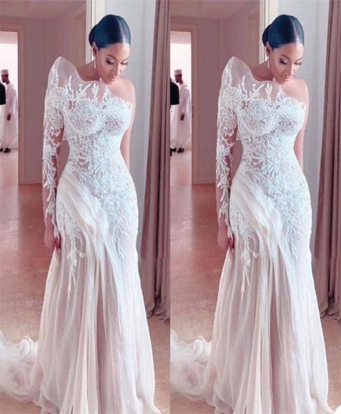 

real image plus size mermaid wedding dress one shoulder ruffles appliqued lace bridal dresses custom made gorgeous sweeptrain robe8735912, White
