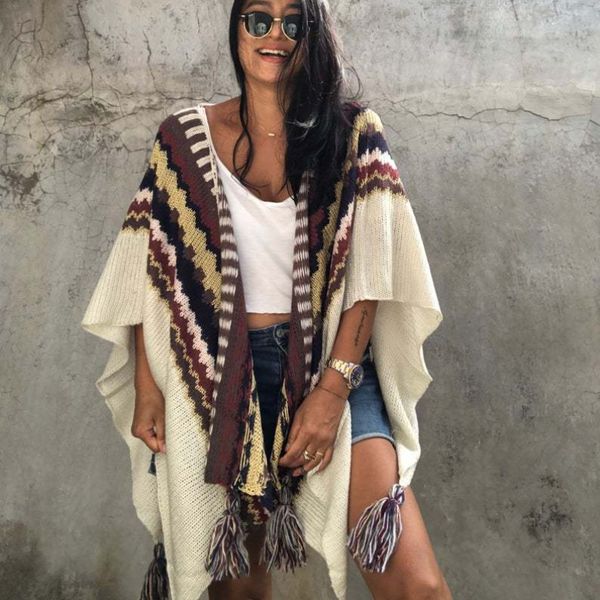 

shawls bohemian autumn winter national style multicolor fringed knitted shawl coat tassels capes ruffles poncho warm scarf cardigan 230717, Blue;gray