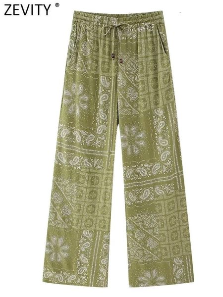 

women's pants capris zevity women vintage paisley flower print casual wide leg pants female chic elastic waist lace up pockets long tro, Black;white