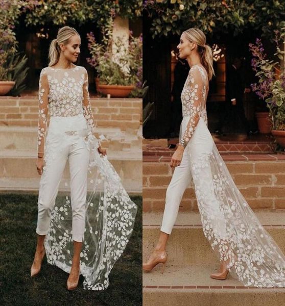 

bohemian lace wedding dress with jumpsuit 2020 modest long sleeve backless jewel countryside beach bride pant suit with train4160421, White