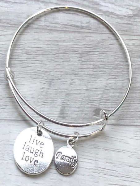 

vintage silver live laugh love amily charms bangles expandable wire bracelet bangles for women jewelry gift adjustable6266941, Golden;silver