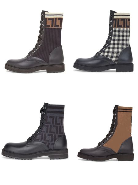 

boots brand designer women's martin knitted socks round toe elastic leather combat shoes, Black