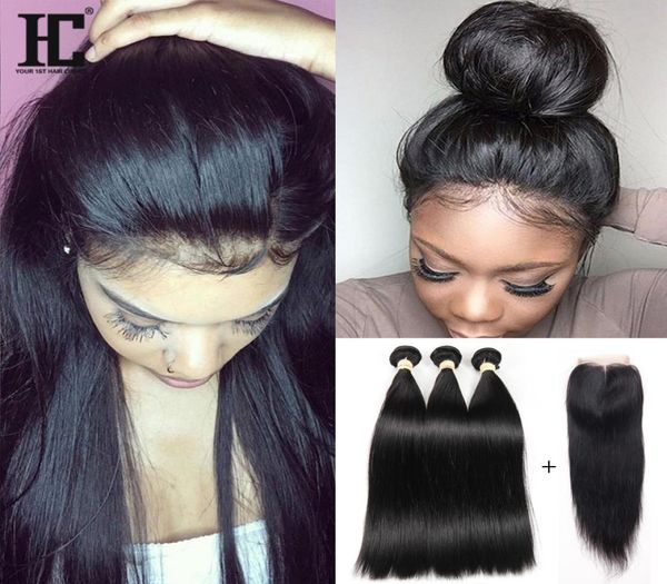 

hc hair 4x4 peruvian lace closure with 3 bundles silk straight human hair with closure peruvian virgin hair with lace closure7176339, Black