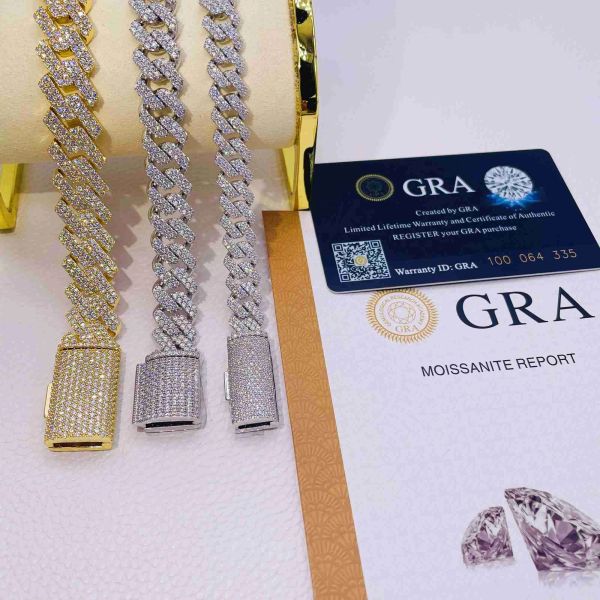 

fashion hand setting jewelry hip hop moissanite 10mm 12.3mm 15mm 925 sterling silver cuban link chain