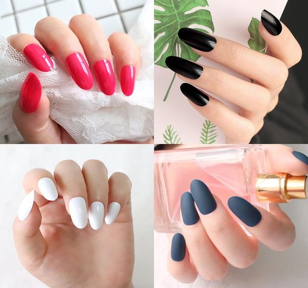 

new 5 sets x 24pcs long oval fake nails art almond round head false nail tips round design white black clear flesh natural tips9079468, Red;gold