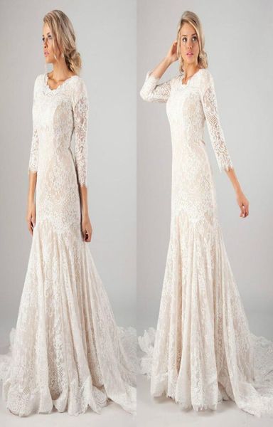 

2019 new mermaid lace modest wedding dresses with 34 long sleeves vintage lds muslim bridal gowns sweep train buttons back9146346, White