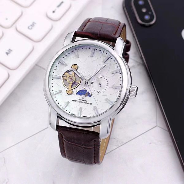 

new mens watches highquality fashion flywheel automatic mechanical watch for sun moon and stars gentlemans 42mm belt steel belt series mens, Slivery;brown