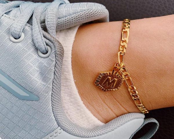 

hexagon alphabet leg bracelets for women foot jewelry stainless steel feet chain friendship gifts letter initial anklet3079004, Red;blue