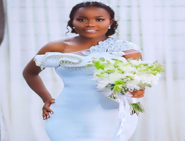 

2021 plus size arabic aso ebi crystals lace mermaid wedding dresses one shoulder bridal dresses wedding gowns robe de mariee3762757, White