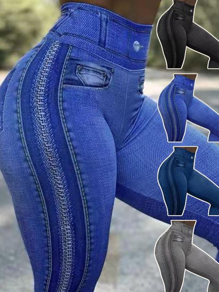 

women's jean leggings high waist running sports faux denim slim fashion fitness yoga pants female elastic casual pencil trousers 230718, Blue