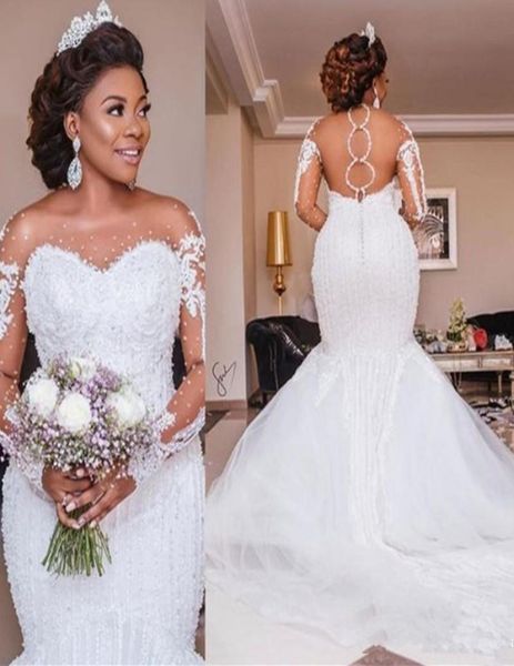 

2020 luxury mermaid wedding dresses sheer long sleeve high neck crystal beads chapel train african arabic bridal gowns plus size c3482630, White