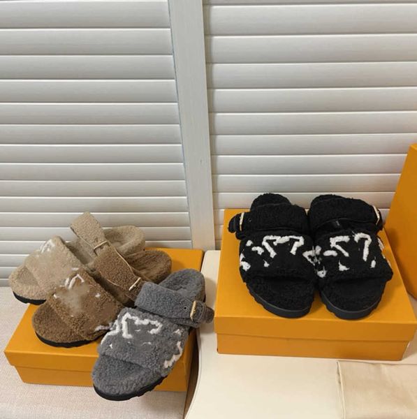 

designer luxury paseo slippers flat comfort sandals shearling fur wool women's furry embroidery letter slippers warm fluffy fuzzy strap, Black