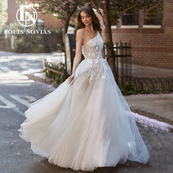 

classy a-line wedding dress 2023 fairy sweetheart one shoulder beads applique exquisite dreamy lace dress for bride vestidos de novia, White