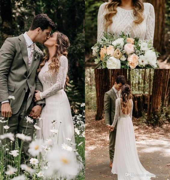 

2020 spring summer beach bohemian wedding dresses backless long sleeve country boho bridal gowns wedding dress bc17046065326, White