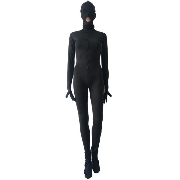 

halloween cosplay front 3-way zipper unitard catsuit spandex zentai bodysuit costume removable mask open eyes with mesh and mouth, Black