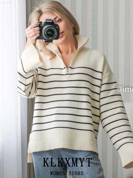 

women's sweaters klkxmyt traf sweaters women 2023 fashion stripe loose zipper knitting sweaters vintage jumper long sleeve female pullo, White;black