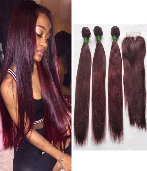 

brazilian silky straight colored hair bundles with closure real human hair weave color 99j dark red 3 bundles with 4x4 lace closur9366993, Black;brown