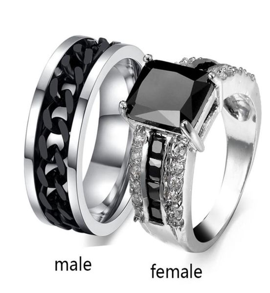 

sz612 two rings couple rings his hers agate 10k white gold filled women039s ring turnable black chain stainless steel mens r6737265, Silver