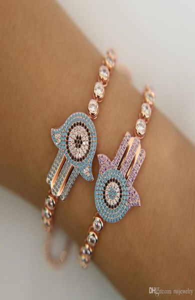 

whole cz purple blue hamsa hand bracelet turkish jewelry turquoises stone tennis chain adjustable bracelets42711317943008, Golden;silver